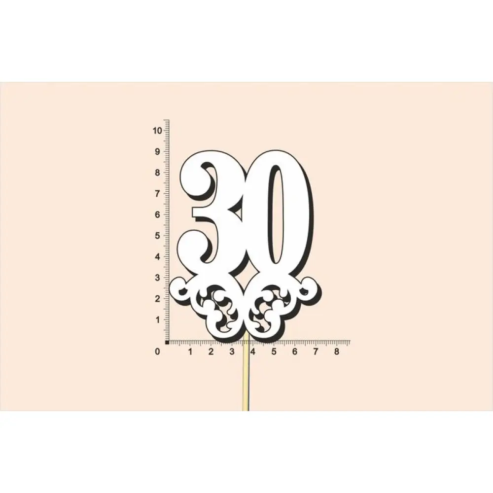 Топпер юбилейный "30" с вензелем, на палочке (шир.7см;выс.9см) МДФ, окраш., белый