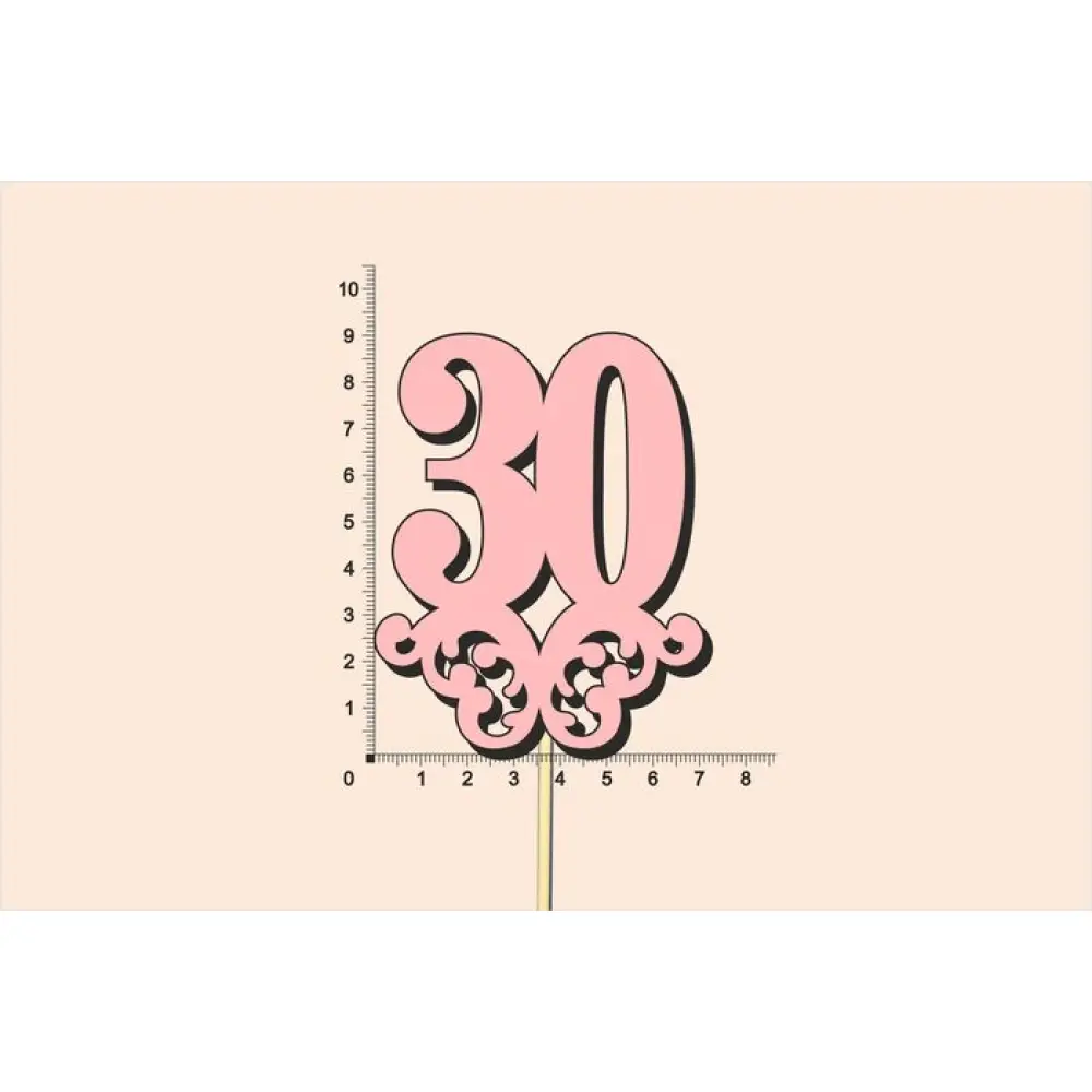 Топпер юбилейный "30" с вензелем, на палочке (шир.7см;выс.9см) МДФ, окраш., розовый