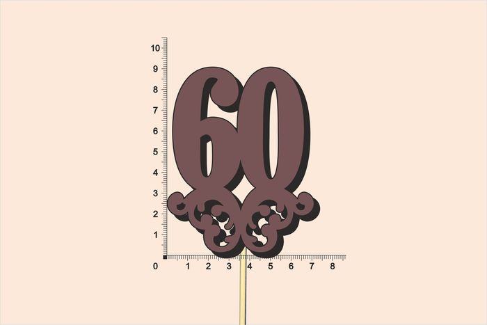 Топпер юбилейный "60" с вензелем, на палочке (шир.7см;выс.9см) МДФ, окраш., коричневый Топпер юбилейный "60" с вензелем, на палочке (шир.7см;выс.9см) МДФ, окраш., коричневый