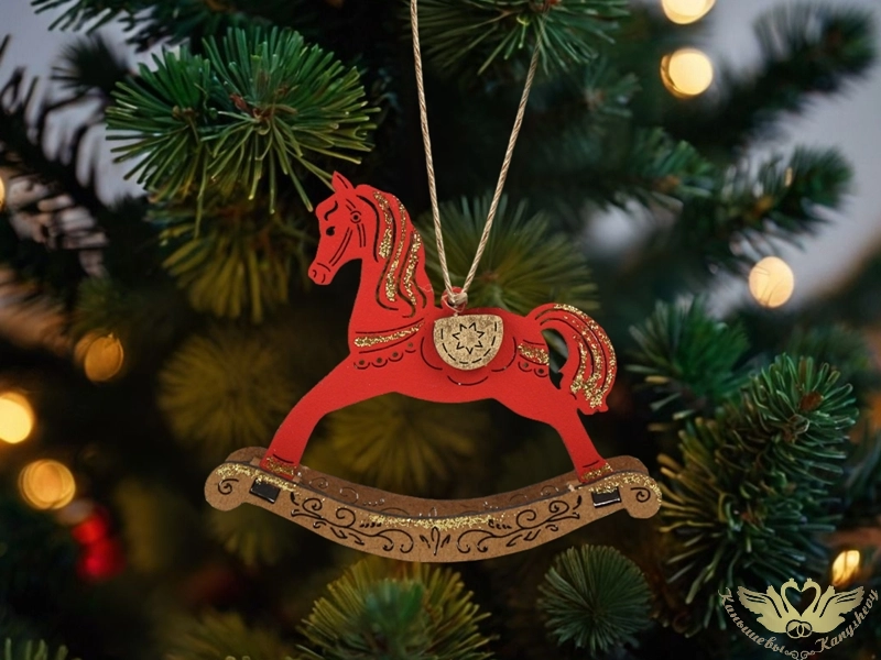 Ёлочное украшение "Лошадка-качалка" (9*2,5*8) Красный-дуб, 1 шт.