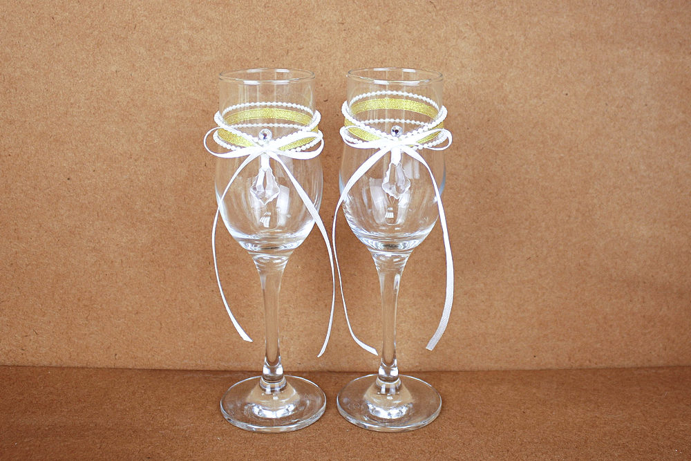 Бокалы ручной работы "Кристалл" (6*6*20,5) Бокалы Тулип, оформл., Белый-золото, Уп-2 шт.