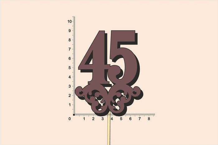 Топпер юбилейный "45" с вензелем, на палочке (шир.7см;выс.9см) МДФ, окраш., коричневый Топпер юбилейный "45" с вензелем, на палочке (шир.7см;выс.9см) МДФ, окраш., коричневый