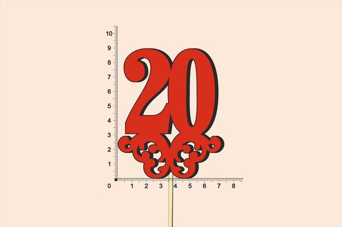 Топпер юбилейный "20" с вензелем, на палочке (шир.7см;выс.9см) МДФ 3мм, окраш., красный Топпер юбилейный "20" с вензелем, на палочке (шир.7см;выс.9см) МДФ 3мм, окраш., красный