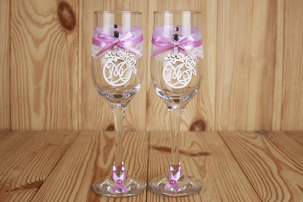 Бокалы ручной работы "Романтика" (6*6*20,5) Бокалы Тулип, оформл., Сиреневый-серебро, Уп-2 шт.