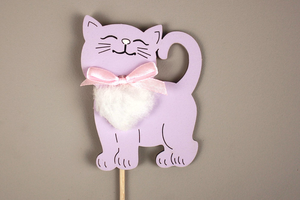Топпер "Котик" (7*30) МДФ 3мм, окрашен., оформл., на шпажке, Сиреневый пастель-розовый, Уп-10 шт.