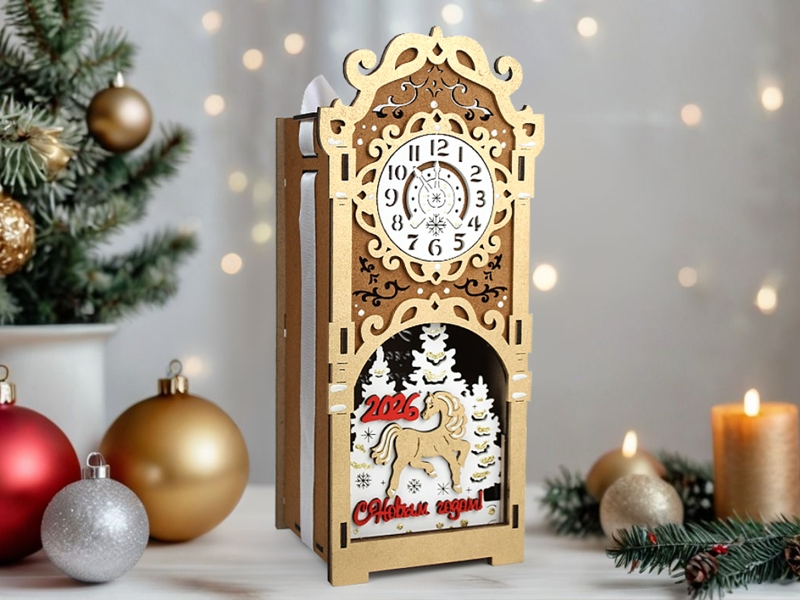 Подарочная упаковка-кормушка, с ёлочной игрушкой "Лошадка 2026" (12*10*27) Дуб-золото, 1 шт.