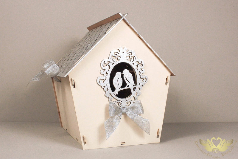 Семейный банк "Дом" с птицами (22,5*21*23,5) МДФ 3мм, окрашен., оформл., Айвори-серебро, 1 шт.