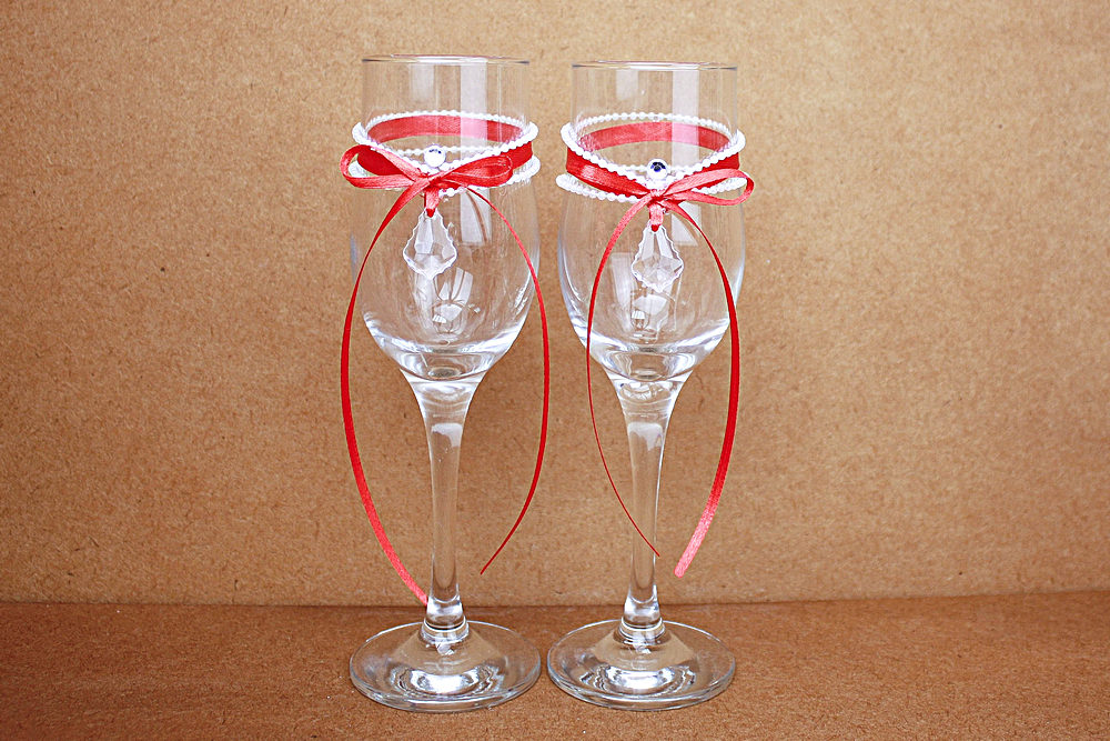 Бокалы ручной работы "Кристалл" (6*6*20,5) Бокалы Тулип, оформл., Красный-белый, Уп-2 шт.