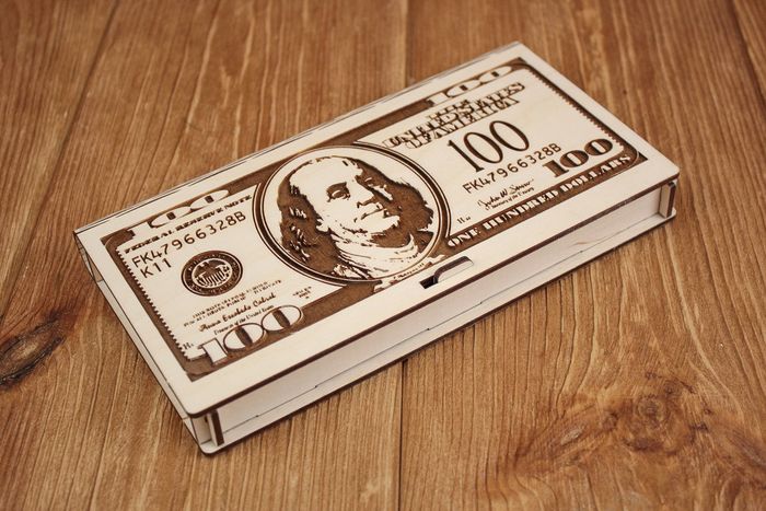 Купюрница "100 долларов" (19*10,5*2,2) Фанера 3мм, неокраш., оформл. 1 шт. Купюрница "100 долларов" (19*10,5*2,2) Фанера 3мм, неокраш., оформл. 1 шт.