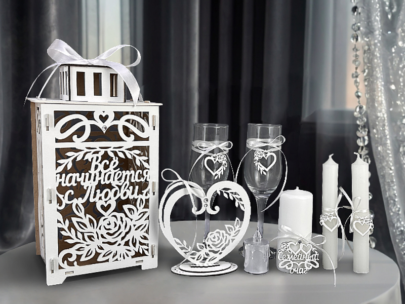 Свадебный набор "Всё начинается с Любви" со свечой светодиодной. МДФ, окраш., оформл., Белый, Набор 5 позиций