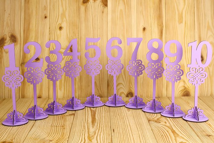Номера на столы на подставке, высокие (8,8*8,8*27) МДФ 3мм, окрашен., Сиреневый, Набор 10 шт Номера на столы на подставке, высокие (8,8*8,8*27) МДФ 3мм, окрашен., Сиреневый, Набор 10 шт
