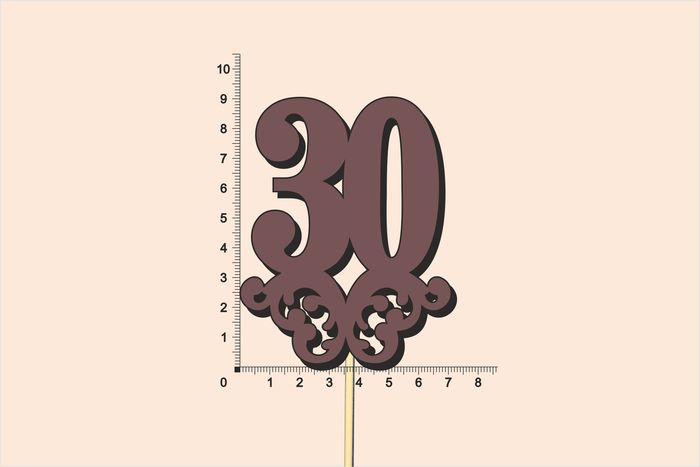 Топпер юбилейный "30" с вензелем, на палочке (шир.7см;выс.9см) МДФ, окраш., коричневый Топпер юбилейный "30" с вензелем, на палочке (шир.7см;выс.9см) МДФ, окраш., коричневый