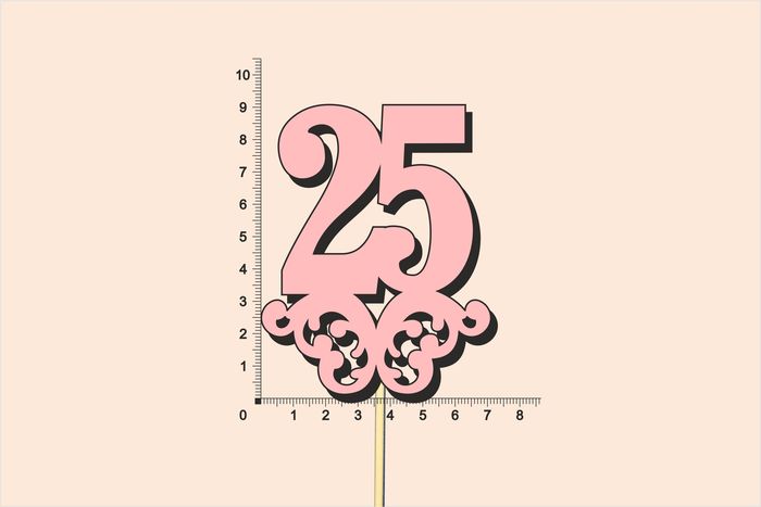 Топпер юбилейный "25" с вензелем, на палочке (шир.7см;выс.9см) МДФ, окраш., розовый Топпер юбилейный "25" с вензелем, на палочке (шир.7см;выс.9см) МДФ, окраш., розовый