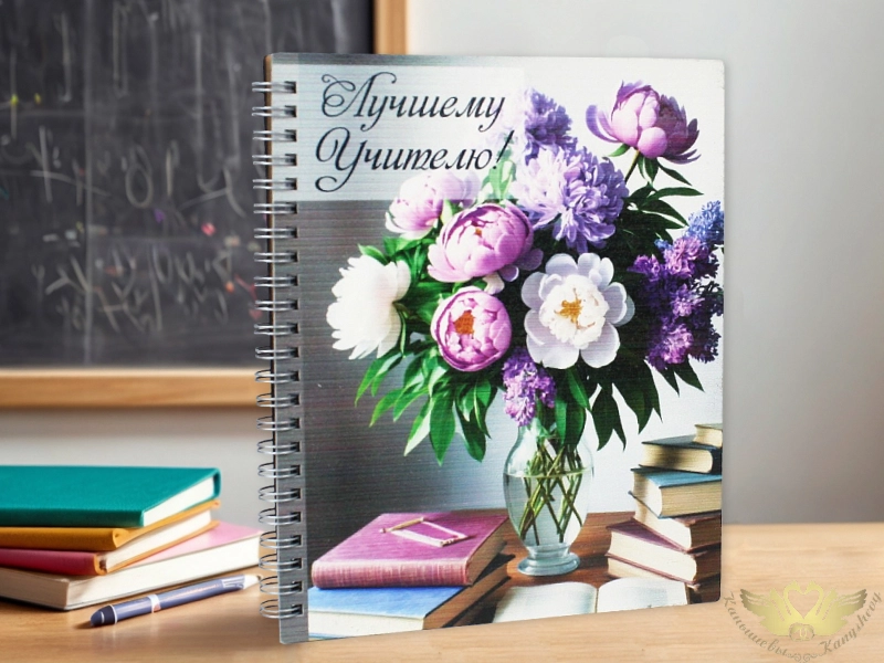 Блокнот на пружине "Лучшему учителю!" пионы с сиренью (21*18*1,5) МДФ, УФ печать, окраш. морилкой, оформл., 1 шт.