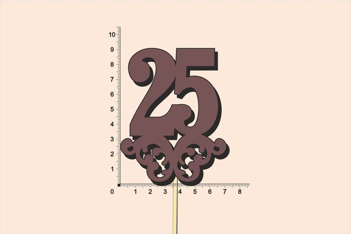 Топпер юбилейный "25" с вензелем, на палочке (шир.7см;выс.9см) МДФ, окраш., коричневый