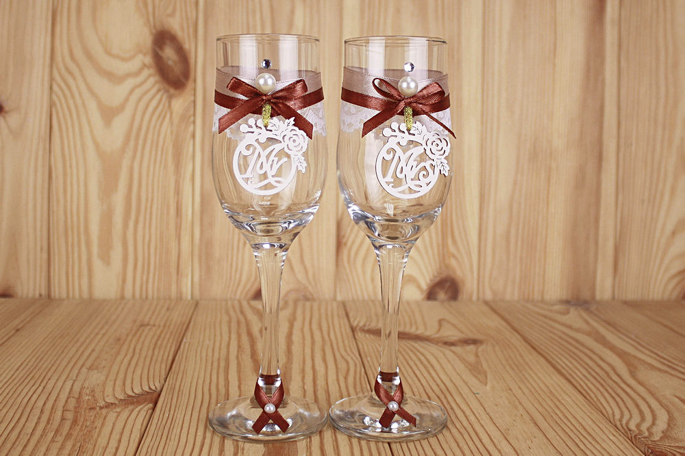 Бокалы ручной работы "Романтика" (6*6*20,5) Бокалы Тулип, оформл., Коричневый-золото, Уп-2 шт.