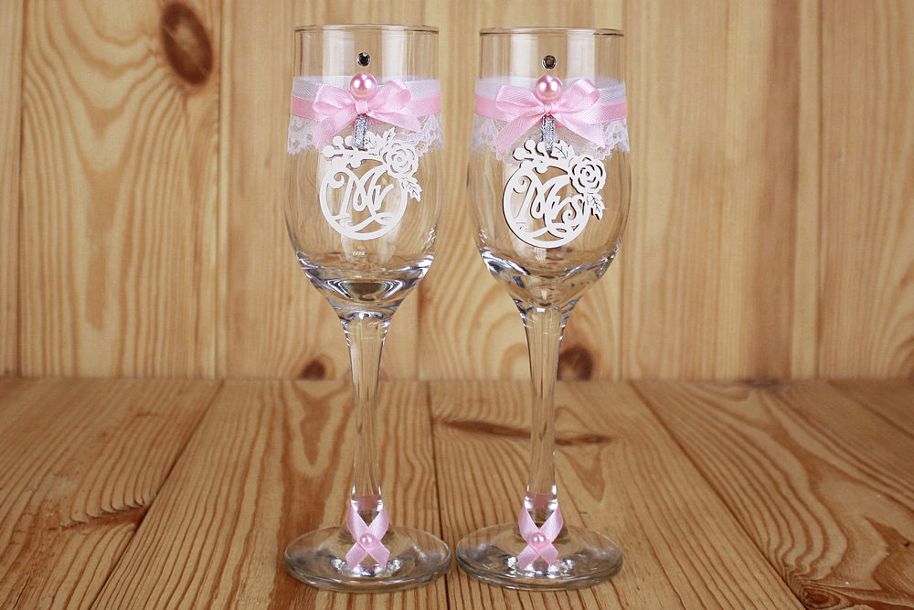 Бокалы ручной работы "Романтика" (6*6*20,5) Бокалы Тулип, оформл., Розовый пастель-серебро, Уп-2 шт.