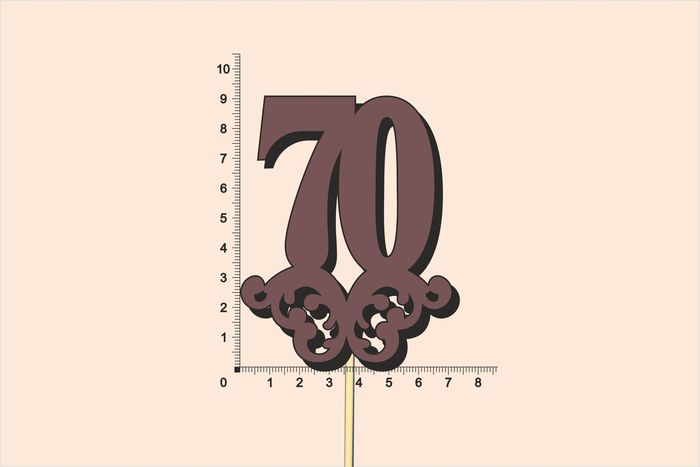 Топпер юбилейный "70" с вензелем, на палочке (шир.7см;выс.9см) МДФ, окраш., коричневый