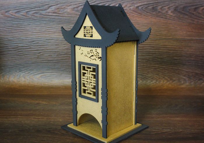 Чайный домик в китайском стиле №1 (13*15*25) МДФ, окрашен., оформл., Золото-чёрный, 1 шт.