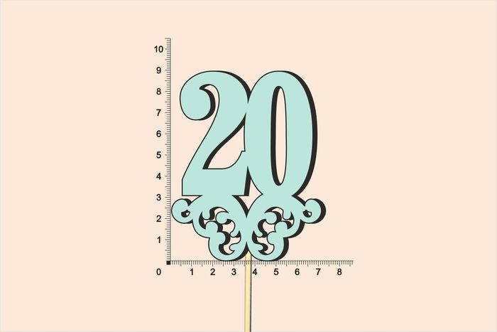 Топпер юбилейный "20" с вензелем, на палочке (шир.7см;выс.9см) МДФ, окраш., тиффани Топпер юбилейный "20" с вензелем, на палочке (шир.7см;выс.9см) МДФ, окраш., тиффани