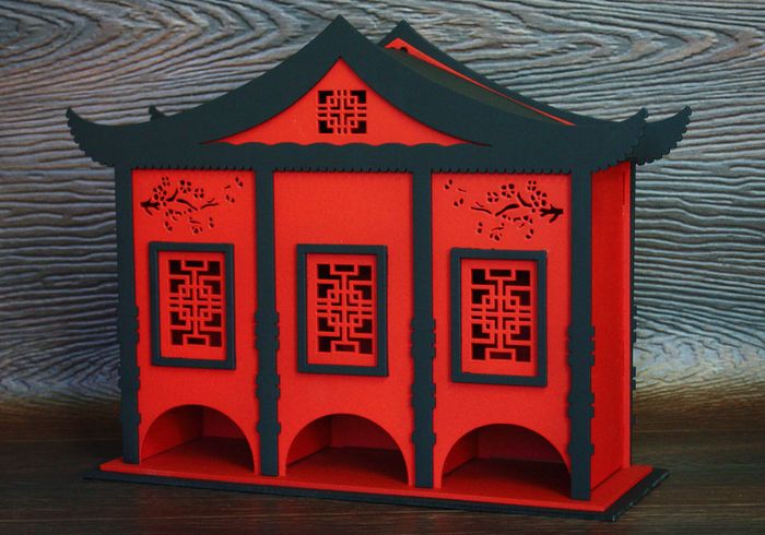 Чайный домик в китайском стиле №3 (12*33*25) МДФ, окрашен., оформл., Красный-чёрный, 1 шт.