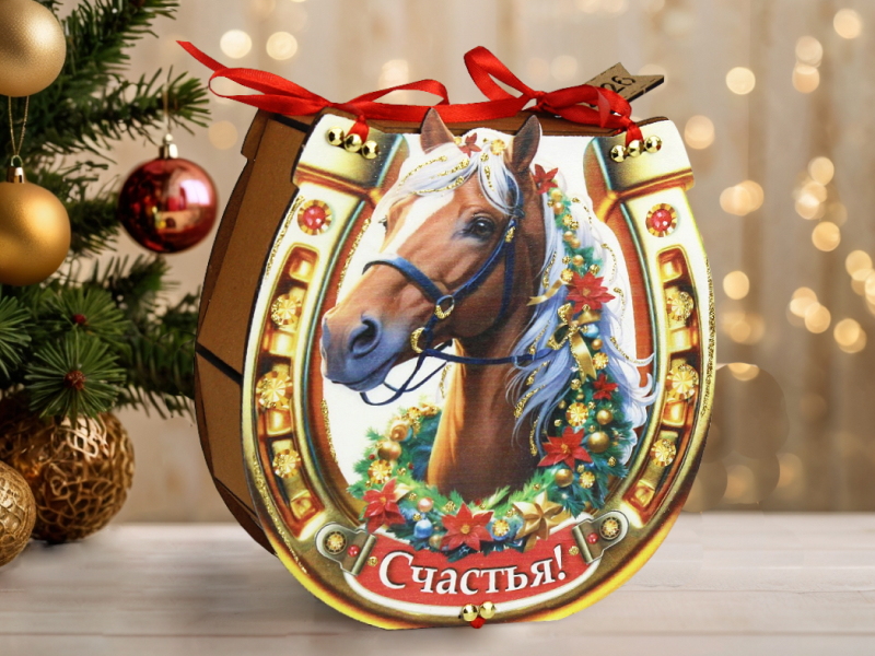 Подарочная упаковка "Подкова" с Лошадью (18*7*19) Дуб-красный, 1 шт.