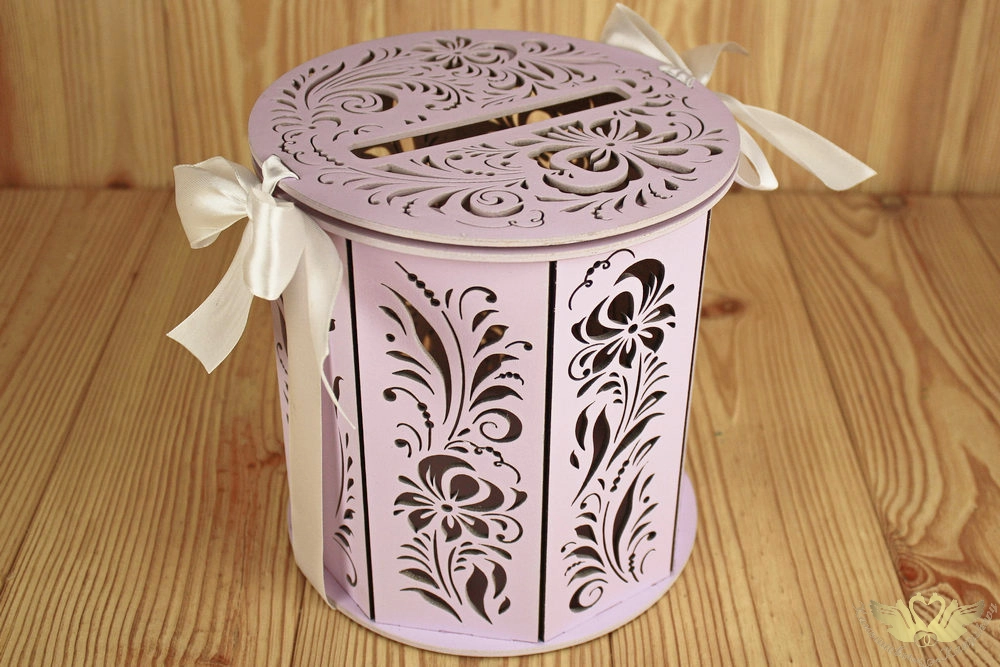 Семейный банк "Хохлома" (18,5*18,5*19) МДФ 3мм, окрашен., оформл., Сиреневый пастель-белый, 1 шт.