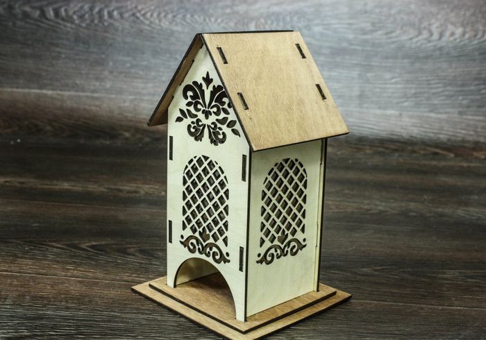 Чайный домик "Ажурный" (13*13*21,5) Фанера 3мм, окрашен. морилкой, оформл., Дуб, 1 шт.