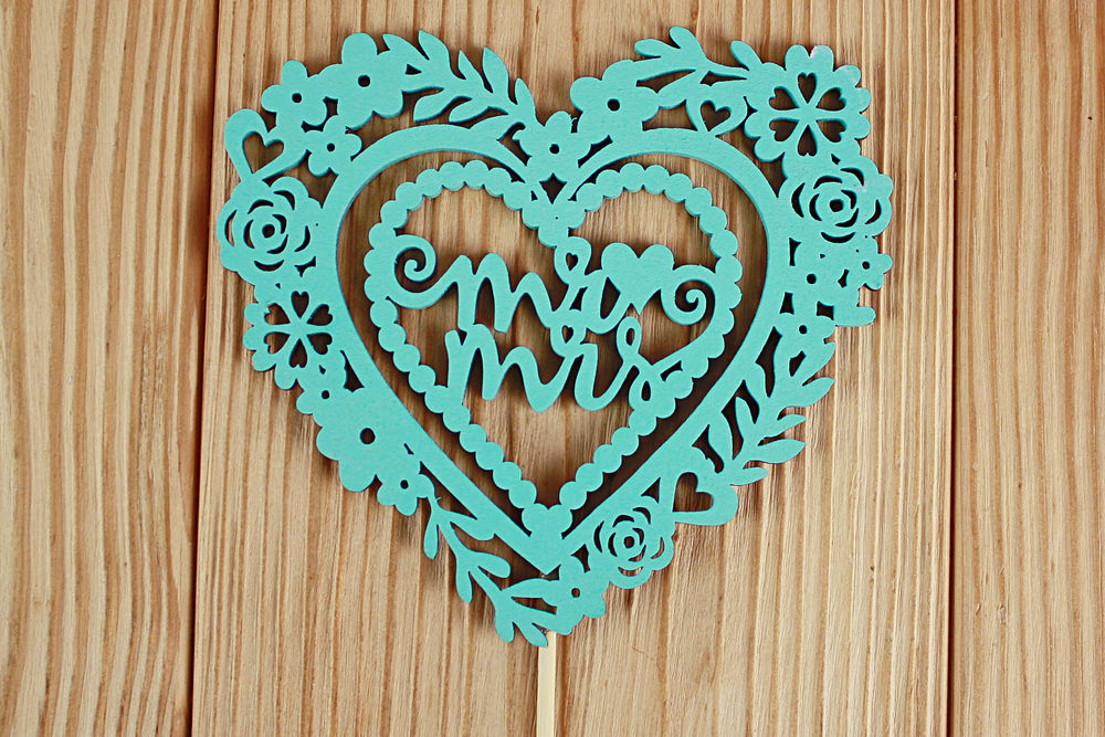 Топпер "Mr&Mrs" в сердце (10,5*30) МДФ 3мм, окрашен. на шпажке, Тиффани, Уп-10 шт.