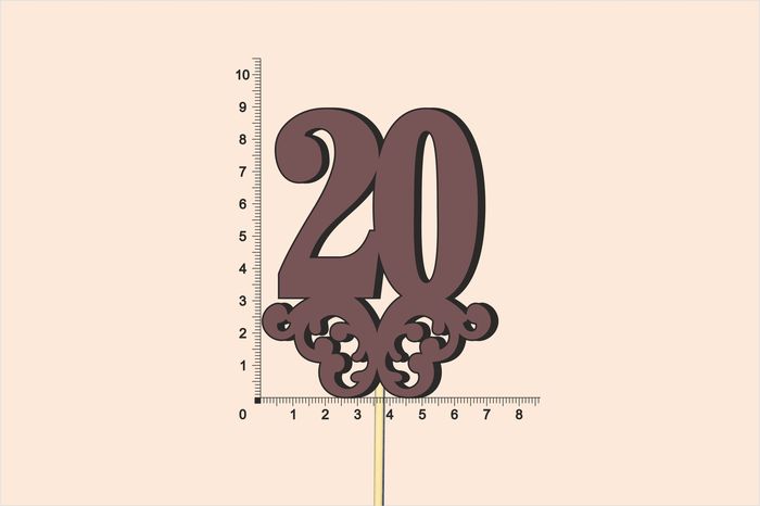 Топпер юбилейный "20" с вензелем, на палочке (шир.7см;выс.9см) МДФ, окраш., коричневый Топпер юбилейный "20" с вензелем, на палочке (шир.7см;выс.9см) МДФ, окраш., коричневый
