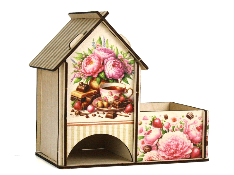 Чайный домик с конфетницей "Пионы" (18*10*16,5) Фанера, неокраш., УФ печать, 1шт. Чайный домик с конфетницей "Пионы" (18*10*16,5) Фанера, неокраш., УФ печать, 1шт.