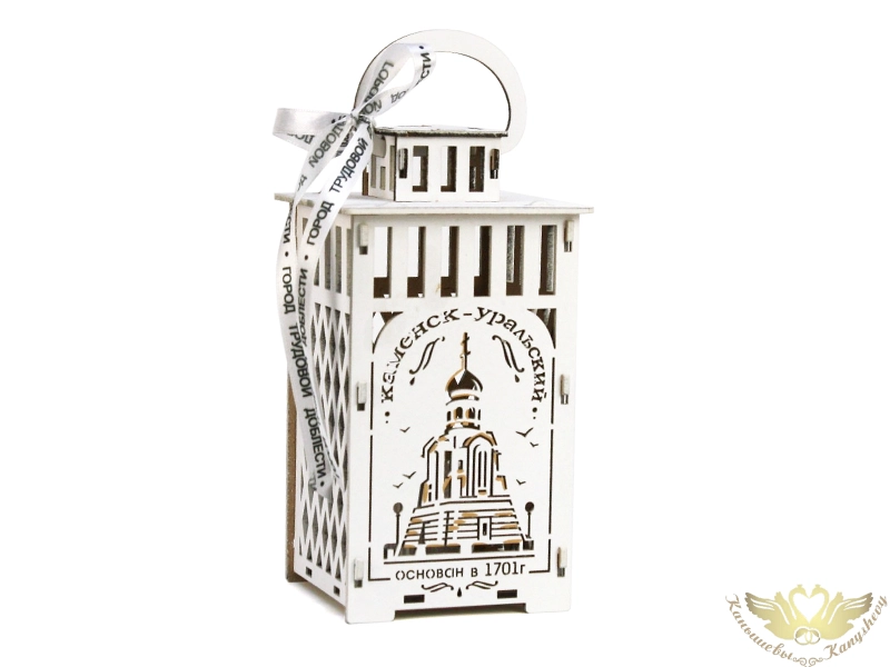 Фонарь со свечой "Каменск-Уральский". МДФ, окрашен., оформл., Белый, 1 шт.