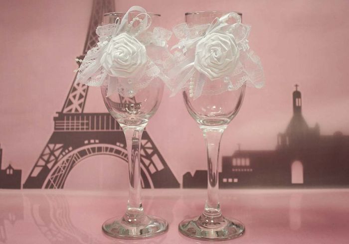 Украшения на бокалы "Французская роза" (шир.5см;дл.28см) Лента атл., кружево, оформл., Белый, Уп-2 шт.