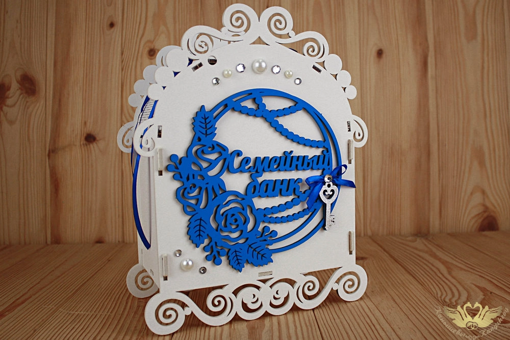 Семейный банк "Романтика" (23*12*29) МДФ 3мм, окрашен., оформл., Белый-синий, 1 шт.