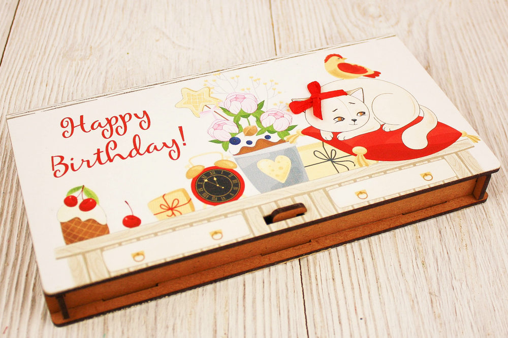 Купюрница "Happy Birthday!" с киской (19*10,5*2,8) МДФ 3мм, УФ печать, окраш. морилкой, оформл., Орех, 1 шт.