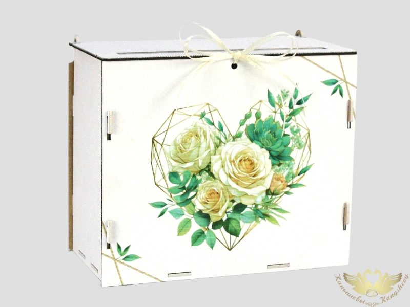 Семейный банк-копилка "Белые розы" (21,5*13,5*17,5) МДФ 3мм, окраш., оформл., Белый-шампань, 1 шт.