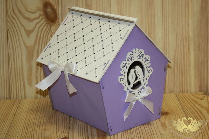 Семейный банк "Дом" с птицами (22,5*21*23,5) МДФ 3мм, окрашен., оформл., Сиреневый-белый, 1 шт.