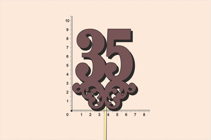 Топпер юбилейный "35" с вензелем, на палочке (шир.7см;выс.9см) МДФ, окраш., коричневый Топпер юбилейный "35" с вензелем, на палочке (шир.7см;выс.9см) МДФ, окраш., коричневый