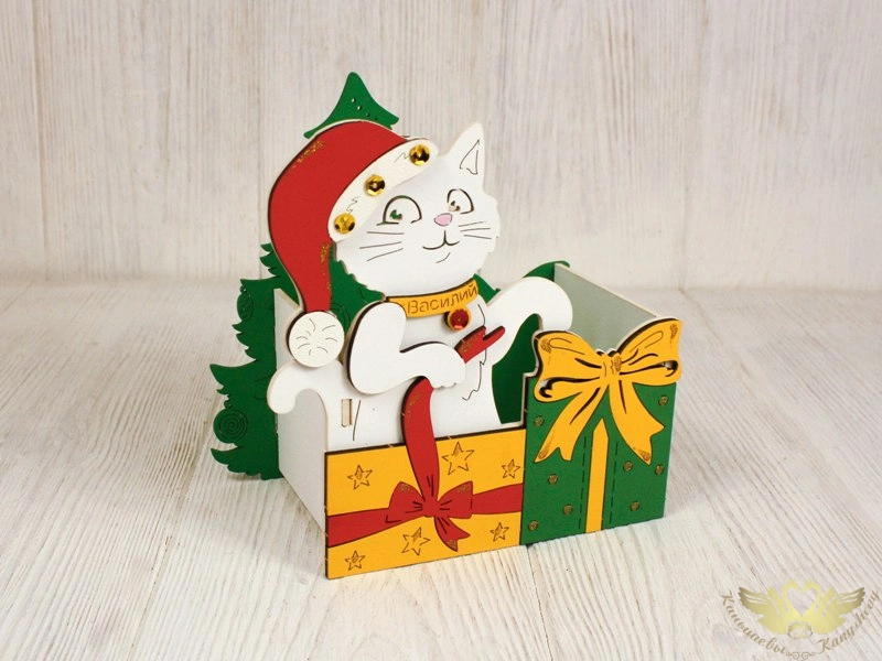 Подарочная упаковка "Кот Василий" (16*9*16,5) Белый-зелёный, 1 шт.