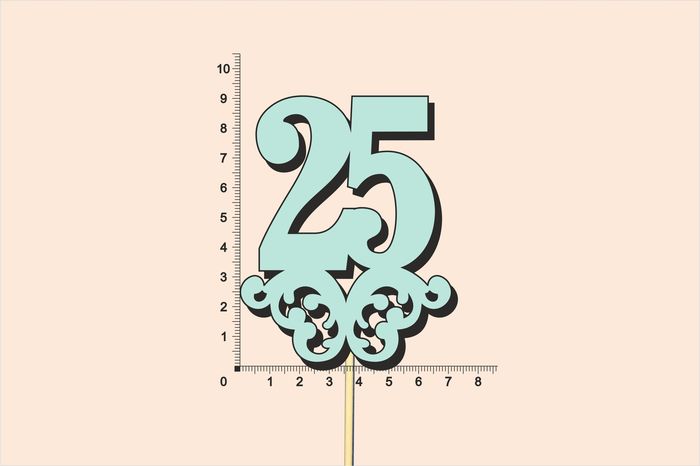 Топпер юбилейный "25" с вензелем, на палочке (шир.7см;выс.9см) МДФ, окраш., тиффани