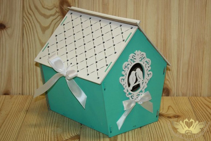 Семейный банк "Дом" с птицами (22,5*21*23,5) МДФ 3мм, окрашен., оформл., Тиффани-белый, 1 шт.