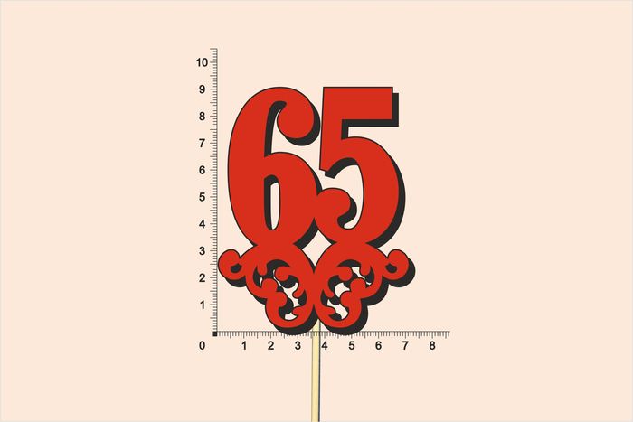 Топпер юбилейный "65" с вензелем, на палочке (шир.7см;выс.9см) МДФ 3мм, окраш., красный