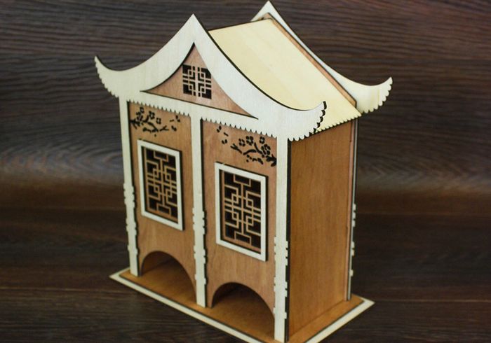 Чайный домик в китайском стиле №2 (12*24*25) Фанера 3мм, окрашен. морилкой, оформл., Дуб, 1 шт.