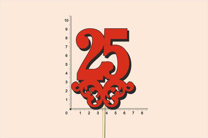 Топпер юбилейный "25" с вензелем, на палочке (шир.7см;выс.9см) МДФ 3мм, окраш., красный Топпер юбилейный "25" с вензелем, на палочке (шир.7см;выс.9см) МДФ 3мм, окраш., красный