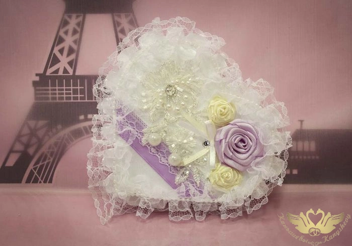 Подушечка под кольца "Французская роза" (Ǿ -16см; выс.14см) Пенопласт, атлас, оформл., Шампань-сирен