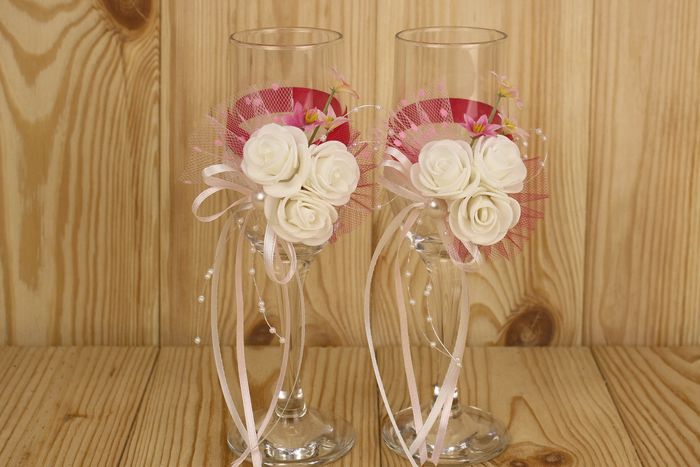 Бокалы ручной работы "Вероника" (6*6*20,5) Бокалы Тулип, оформл., Малиновый-розовый, Уп-2 шт.