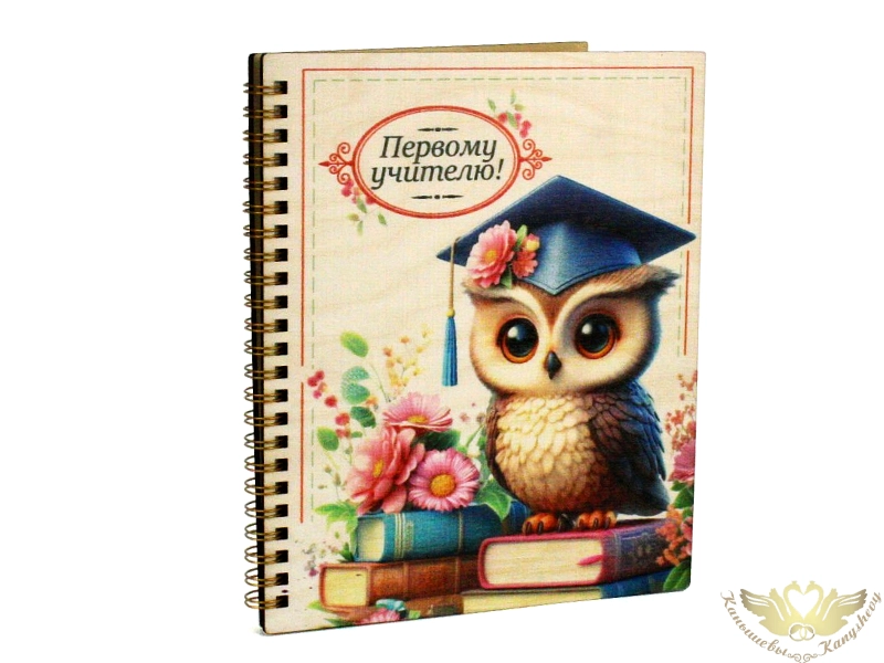 Блокнот на пружине "Первому учителю!" с совёнком (21*18*1,5) Фанера 3мм, УФ печать, оформл., 1 шт.